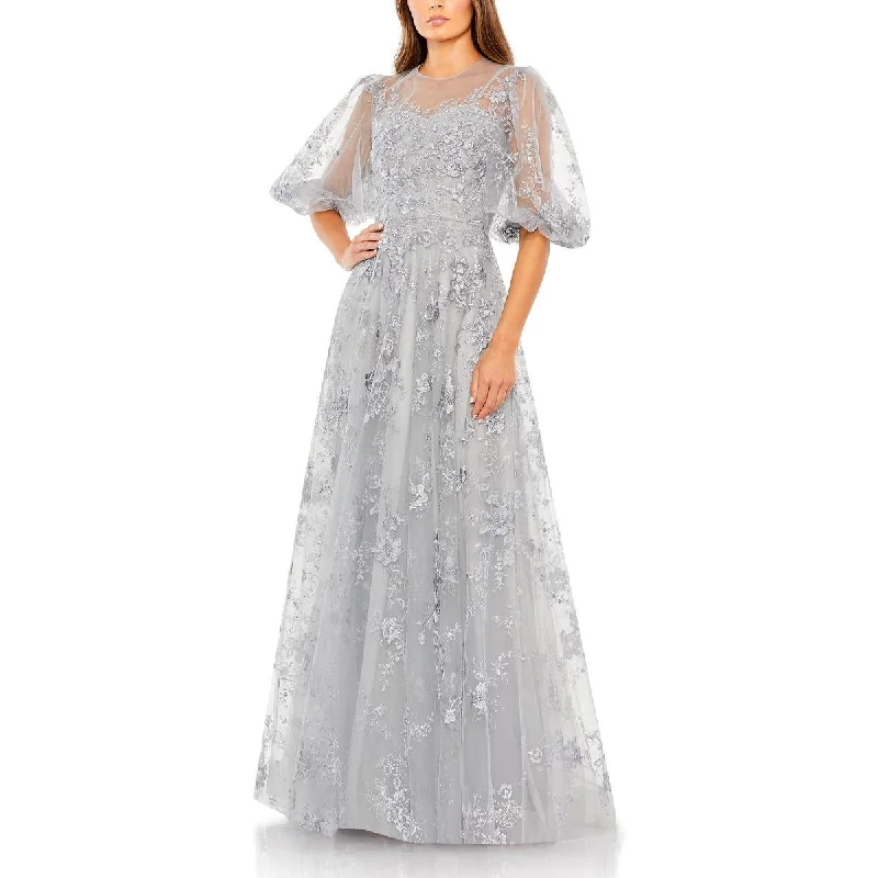 Womens Embroidered Puff Sleeve Evening Dress