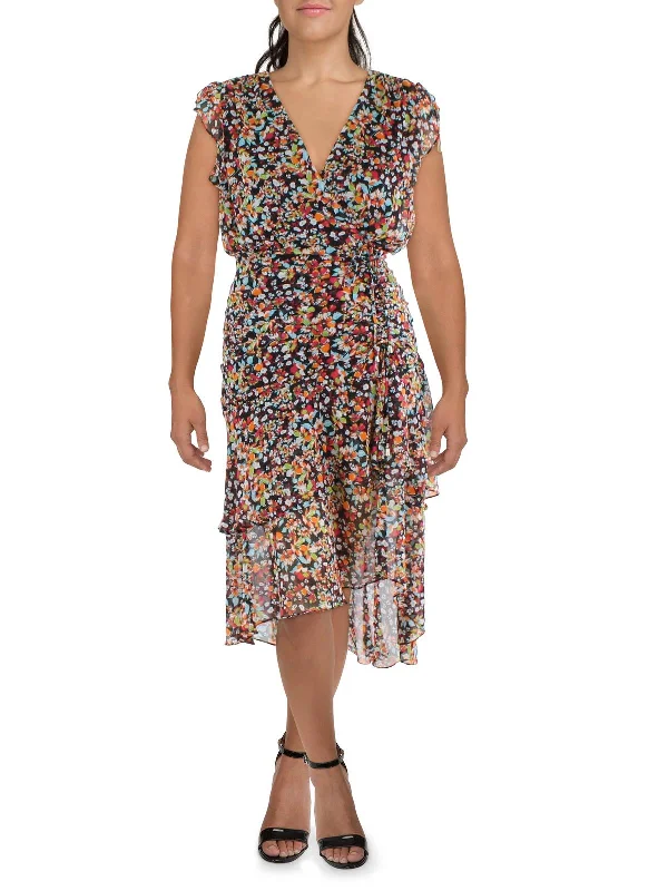 Petites Womens Floral Flutter Sleeve Midi Dress