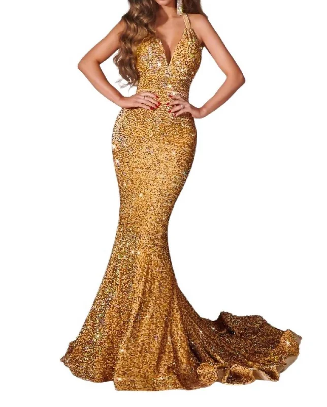 Sequin Mermaid Evening Gown In Gold