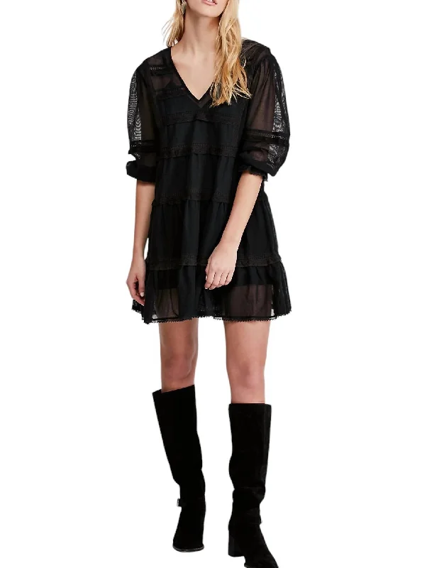 Berlin Trapeze Embroidered Semi Sheer Lace Slip Mini Dress In Black