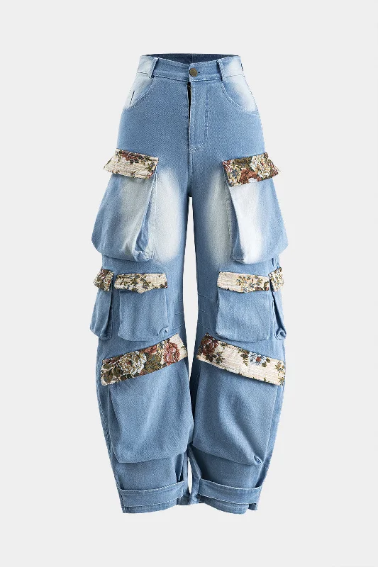 Jacquard Denim Patchwork Button Zipper Pocket Barrel Jeans