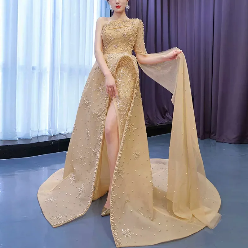 Gold Leg Slit Evening Dress One-Shoulder Long Sleeve