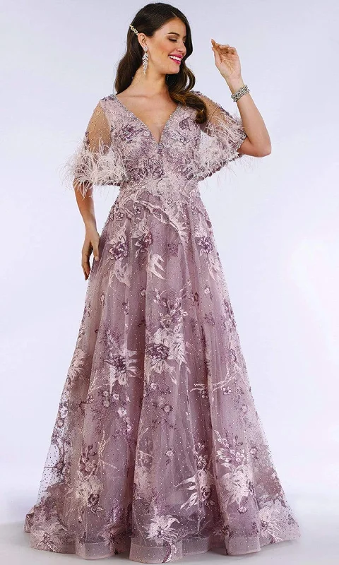 Lara Dresses - 29622 Feathery Sheer Cape Sleeve Embellish A-Line Gown