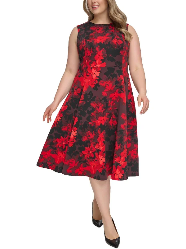 Plus Womens Floral Midi Cocktail And Party Dress