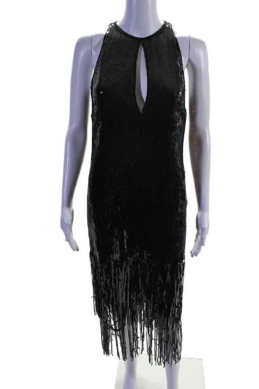 Pinko Womens Sequin Tassel Trim Cut Out Sleeveless Maxi Dress Black