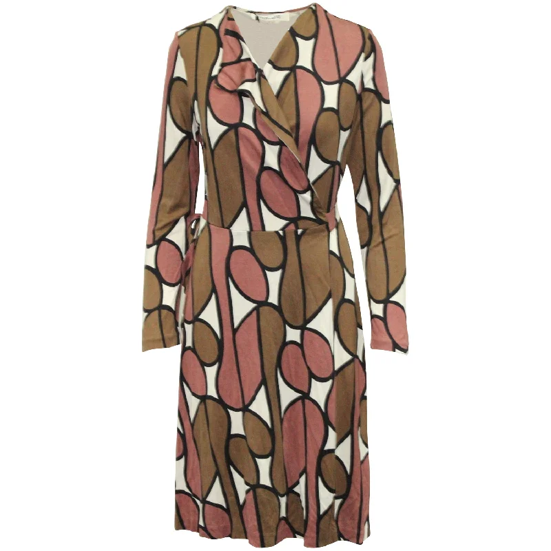 Diane Von Furstenberg Two Tone Print Wrap Midi Dress in Brown/Pink Silk