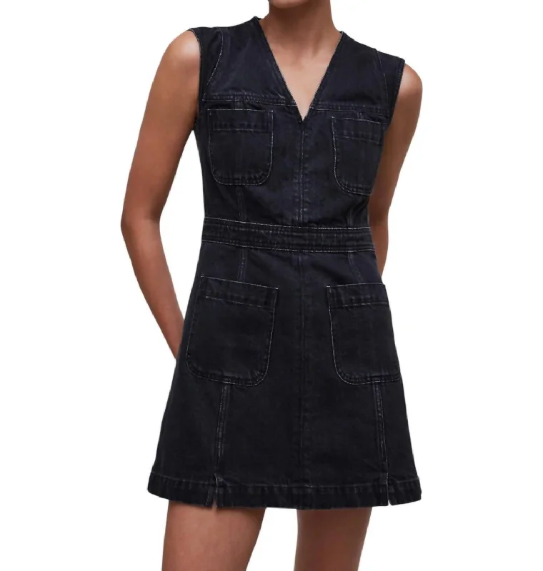 Denim Cap-Sleeve Mini Dress In Black