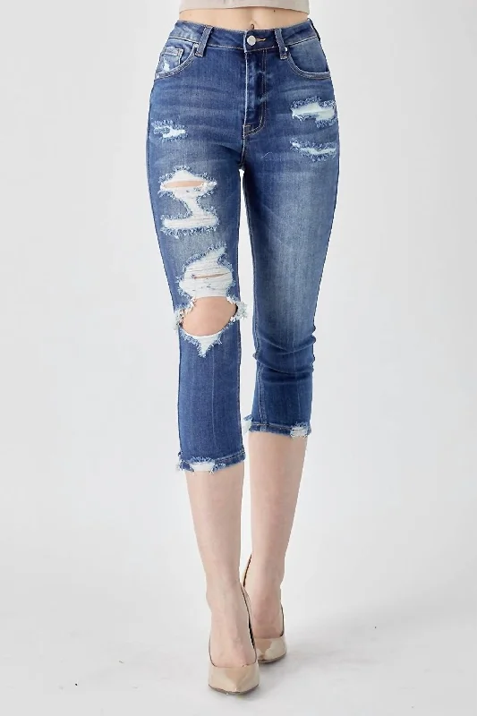 High-Rise Distressed Capri In Dark Wash