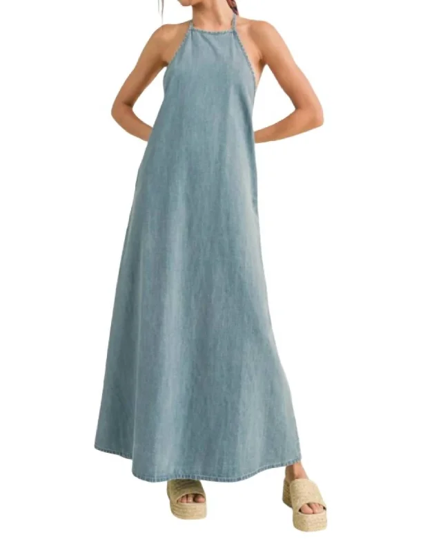 Denim Maxi Dress In Washed Blue