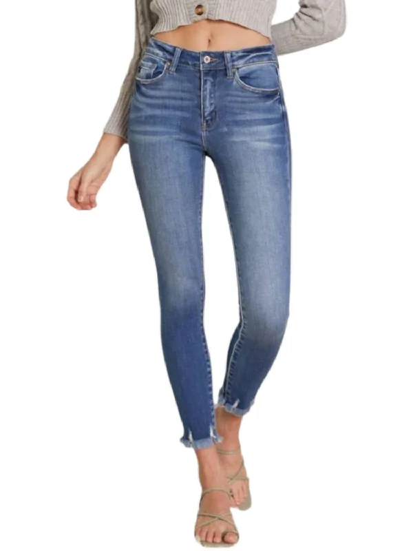 High Rise Frayed Hem Ankle Skinny Jeans In Blue