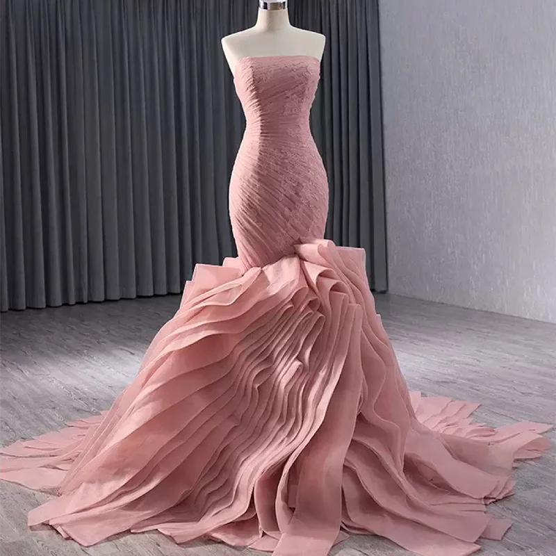 High-End Blushing Pink Cascading Ruffles Flower Mermaid Prom Dresses