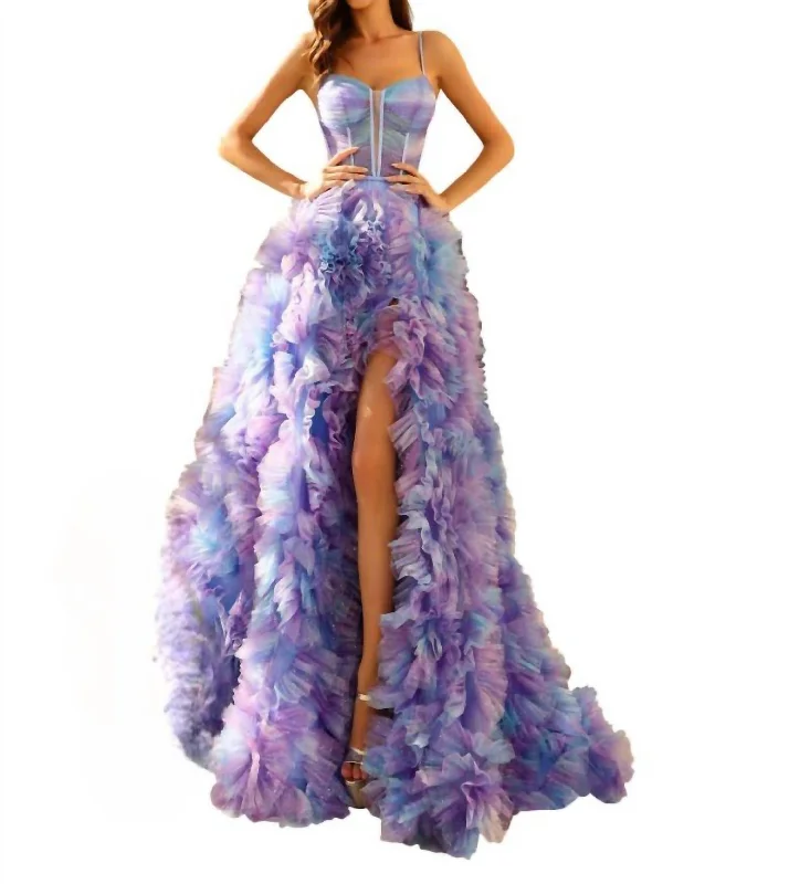 Ruffled Corset Bodice Evening Gown In Lilac/multi