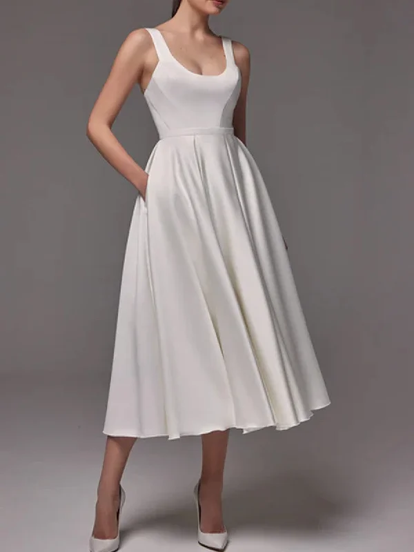 Satin Tea Length Wedding Dress With Scoop Neckline