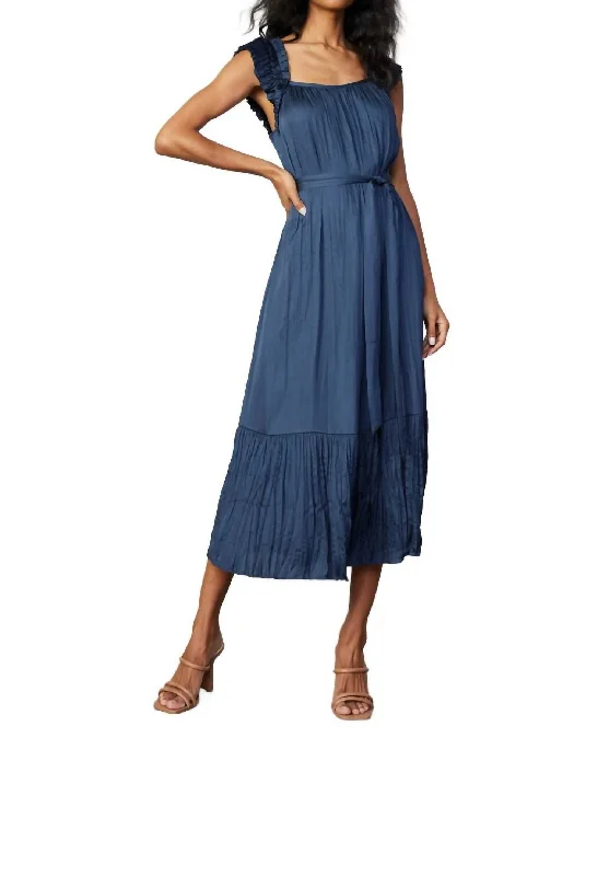 Crinkled Ruffled Shoulder Midi Dress In Navy