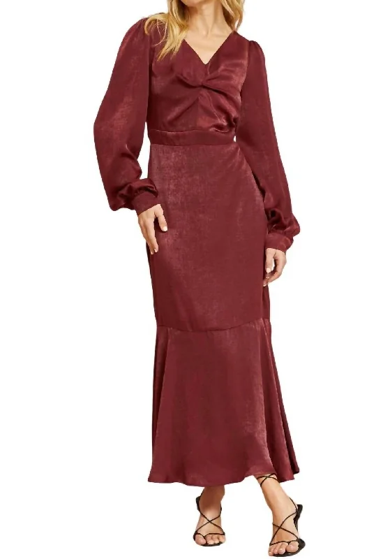 Satin Maxi Dress With Ruffled Skirt In Ruby