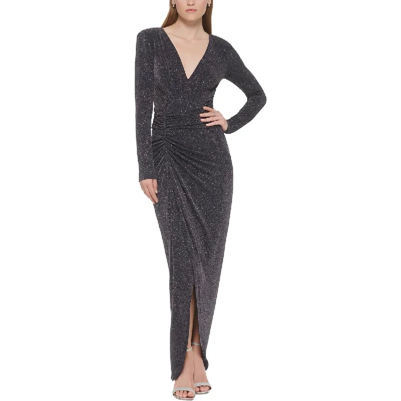 Petites Womens Metallic Maxi Evening Dress