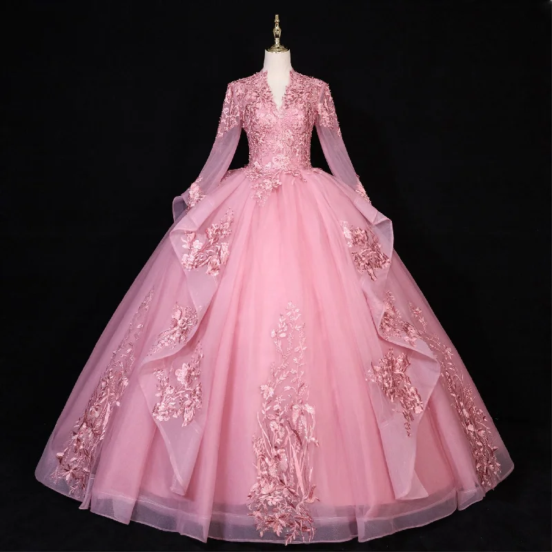 Fashion Long Sleeves Ball Gown V-Neck Lace Applique Prom Dress