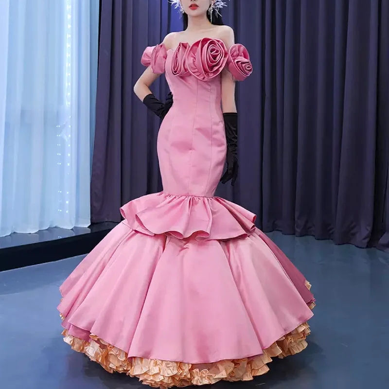 Off the Shoulder Trumpet Pink Prom Dress with Handmade Flowers