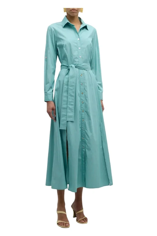 Laine Side-Slit Midi Shirtdress In Turquoise