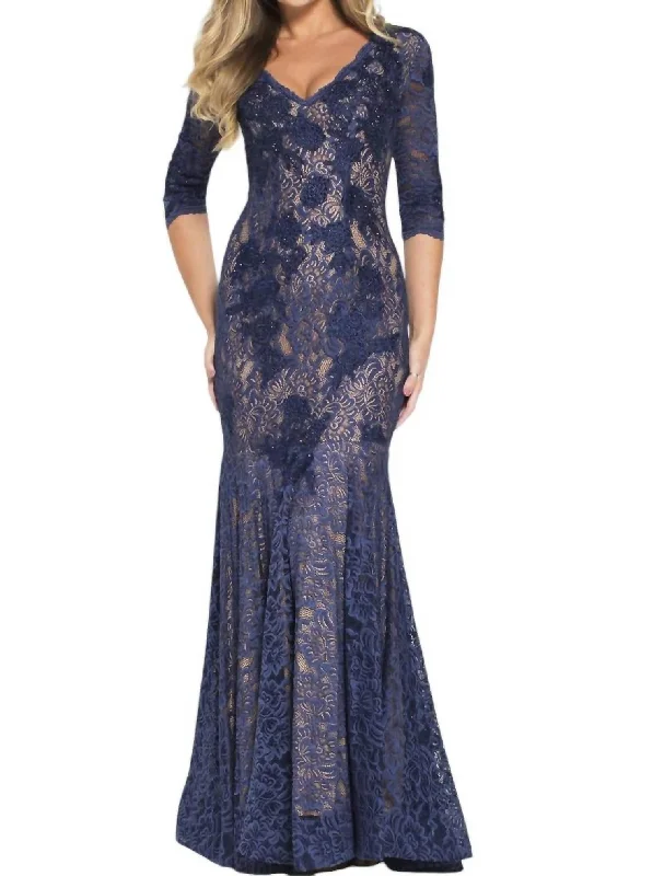 V Neck Embroidered Lace Evening Dress In Navy