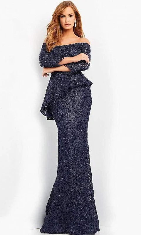 Jovani - 00455 Off Shoulder Textured Peplum Gown