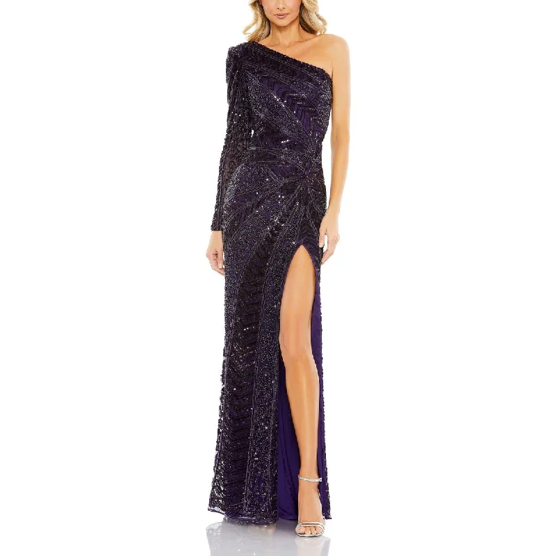 Womens Beaded One Shoulder Evening Dress