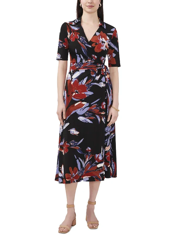 Petites Womens Collar Midi Wrap Dress