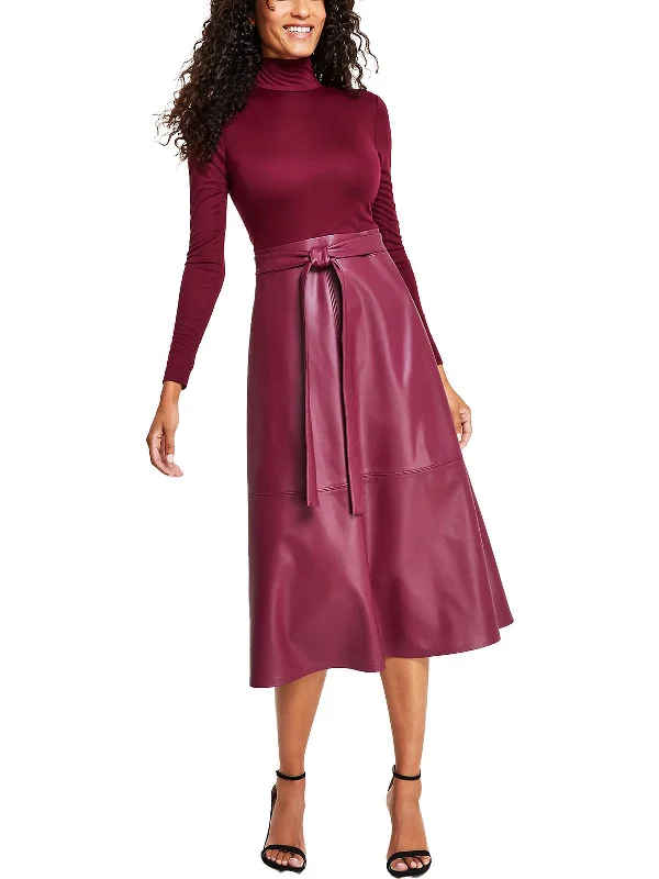 Womens Faux Leather Midi Fit & Flare Dress