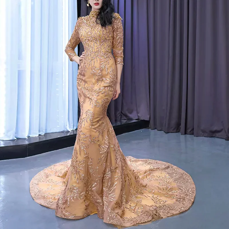 High Neck Three Quarter Sleeve Champagne Gold Prom Dress Evening Gown