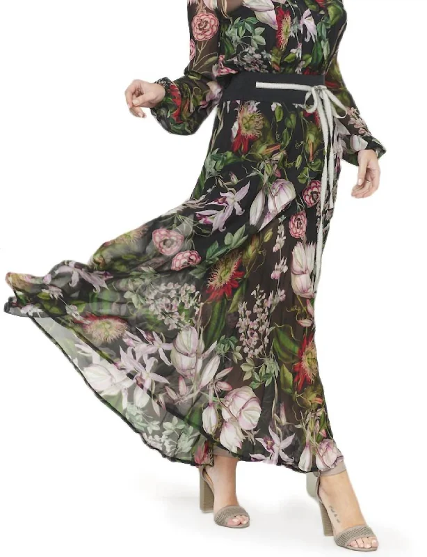 Botanical Long Sleeve Maxi Dress In Black Multi