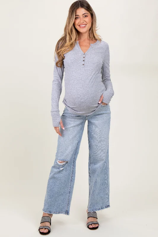 Light Blue Acid Wash Open Knee Wide Leg Maternity Jeans