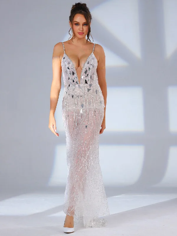 Sheer Wedding Dress V Neck Mermaid Sparkly Slip