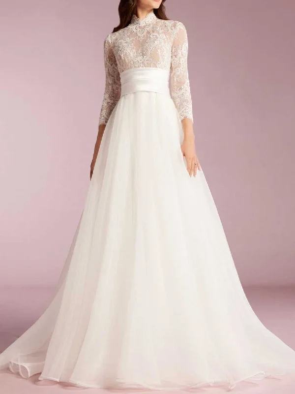 Lace Wedding Dress With 3/4 Sleeves A Line High Neck