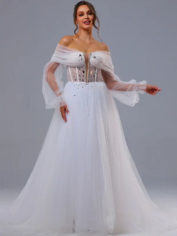 Off Shoulder Bishop Sleeve Wedding Dress A line V neck