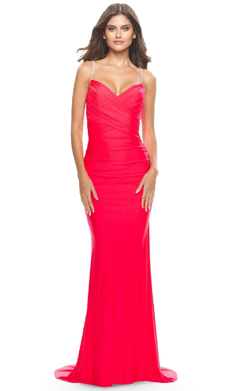 La Femme 31222 - Jeweled Criss Cross Ruched Jersey Dress