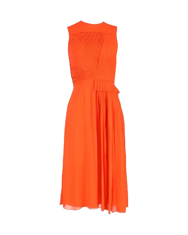 Victoria Beckham Pleated Midi Dress in Orange Wool