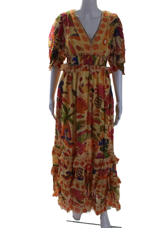 Farm Rio Womens V Neck Short Sleeve Floral Maxi Dress Yellow