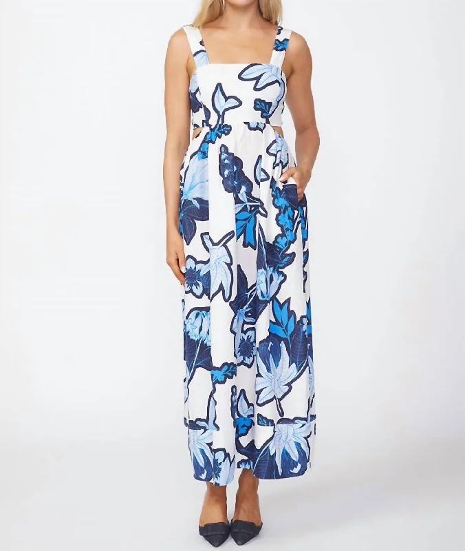 Tropical Floral Linen Maxi Dress In Sport Blue