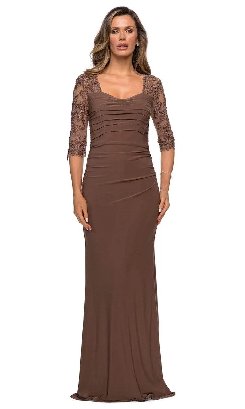 La Femme 28056SC - Embroidered Sheer Sleeve Ruched Formal Dress