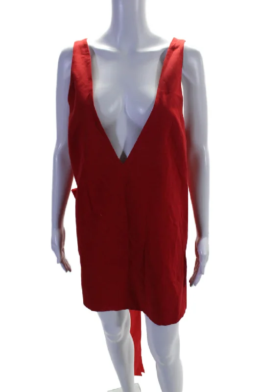 Staud Womens Irie Sleeveless Plunge V Neck Bow Minidress Red