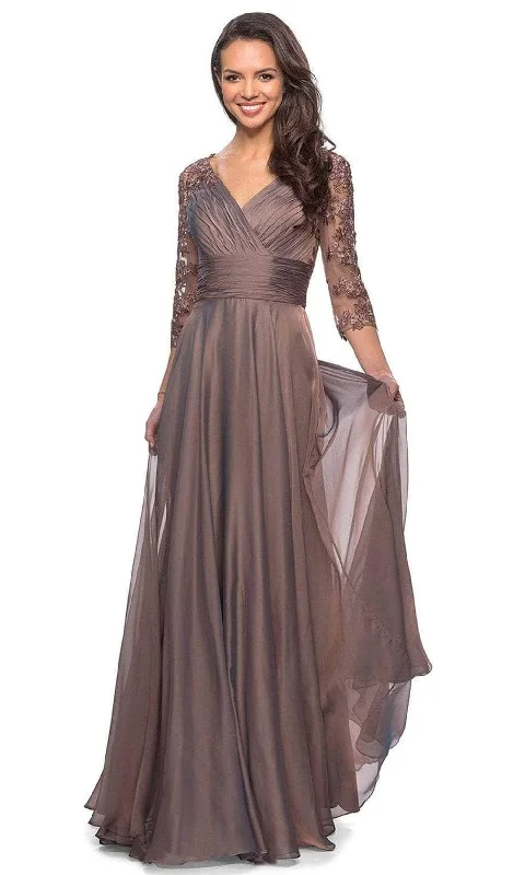 La Femme - Sheer Lace Quarter Sleeves Empire Waist A-Line Gown 27153SC