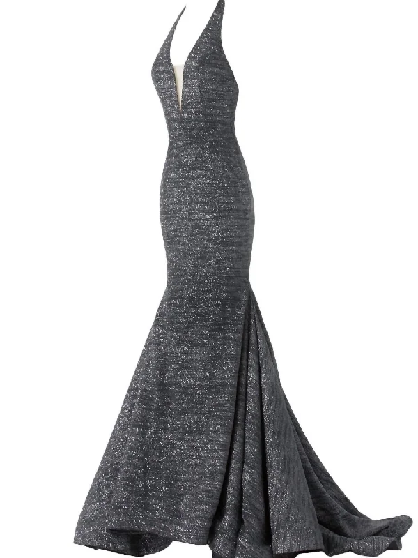 Plunging Halter Neck Formal Gown In Grey