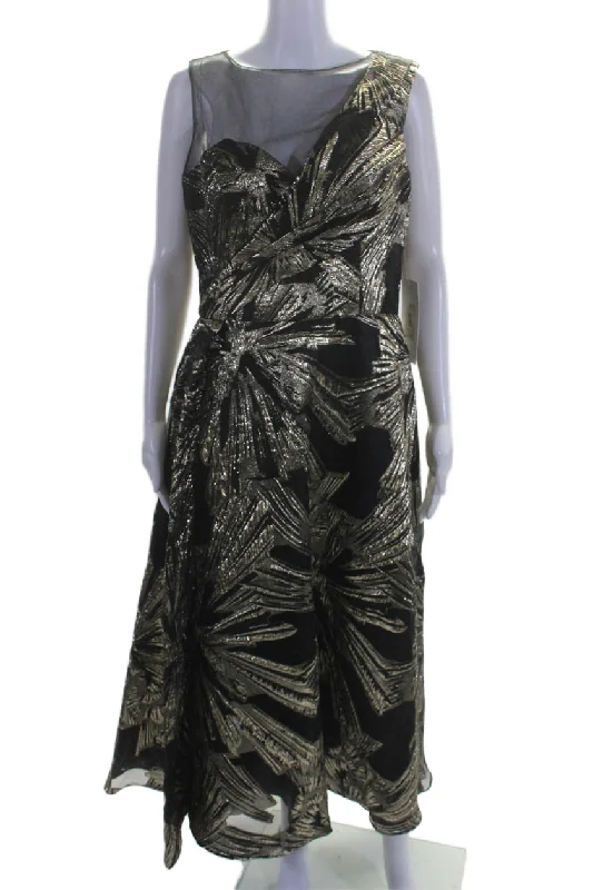 Theia Womens Printed Sleeveless Full Length A Line Evening Gown Black Gold