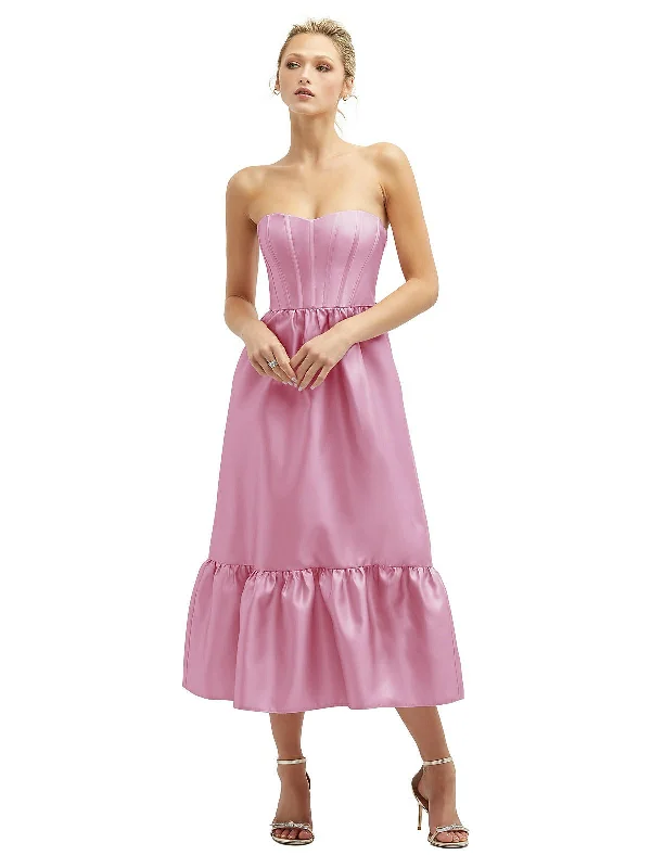 Strapless Satin Midi Corset Dress with Lace-Up Back & Ruffle Hem