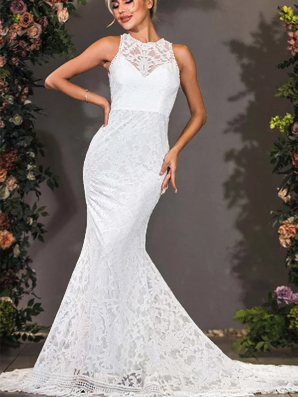 High Neck Fit And Flare Wedding Dress Lace Sleeveless