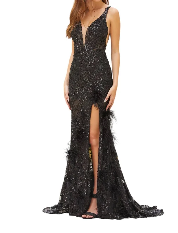 Feathered Sequined Evening Gown In Black