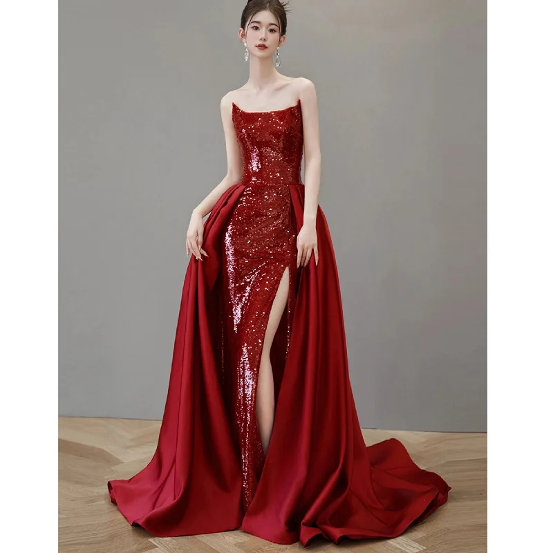 Elegant Wine Red Evening Dress Leg Split Sequins Formal Prom Dress