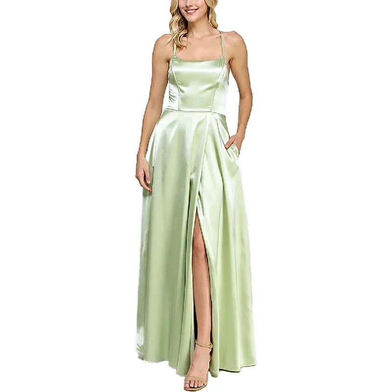 Juniors Womens Satin Lace-Up Evening Dress