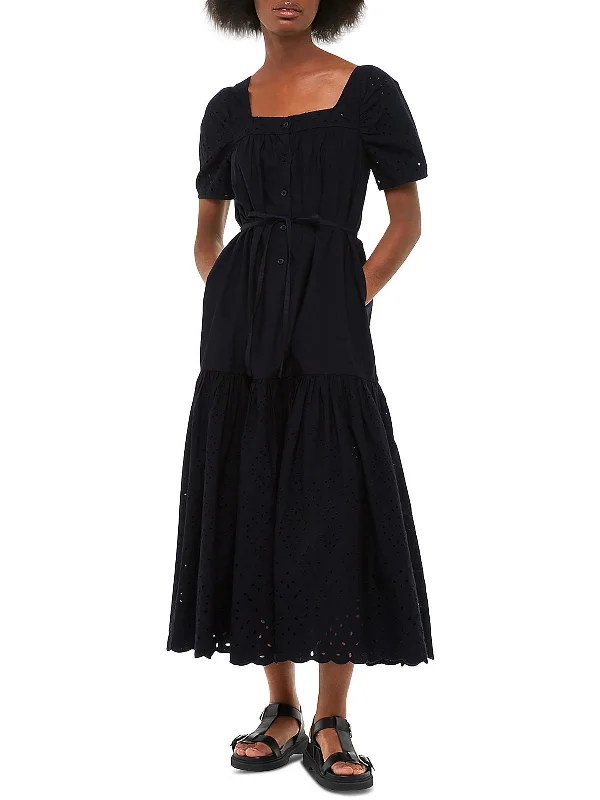 Womens Eyelet Button-Down Midi Dress