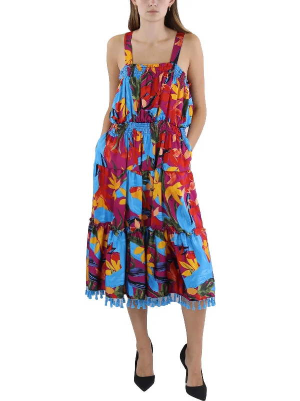 Plus Womens Tassel Floral Print Midi Dress